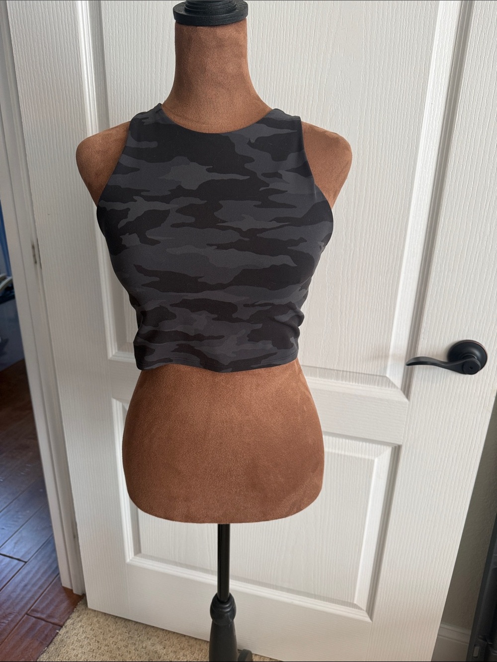 Athleta Black & Charcoal Camo High-Neck Crop Tank